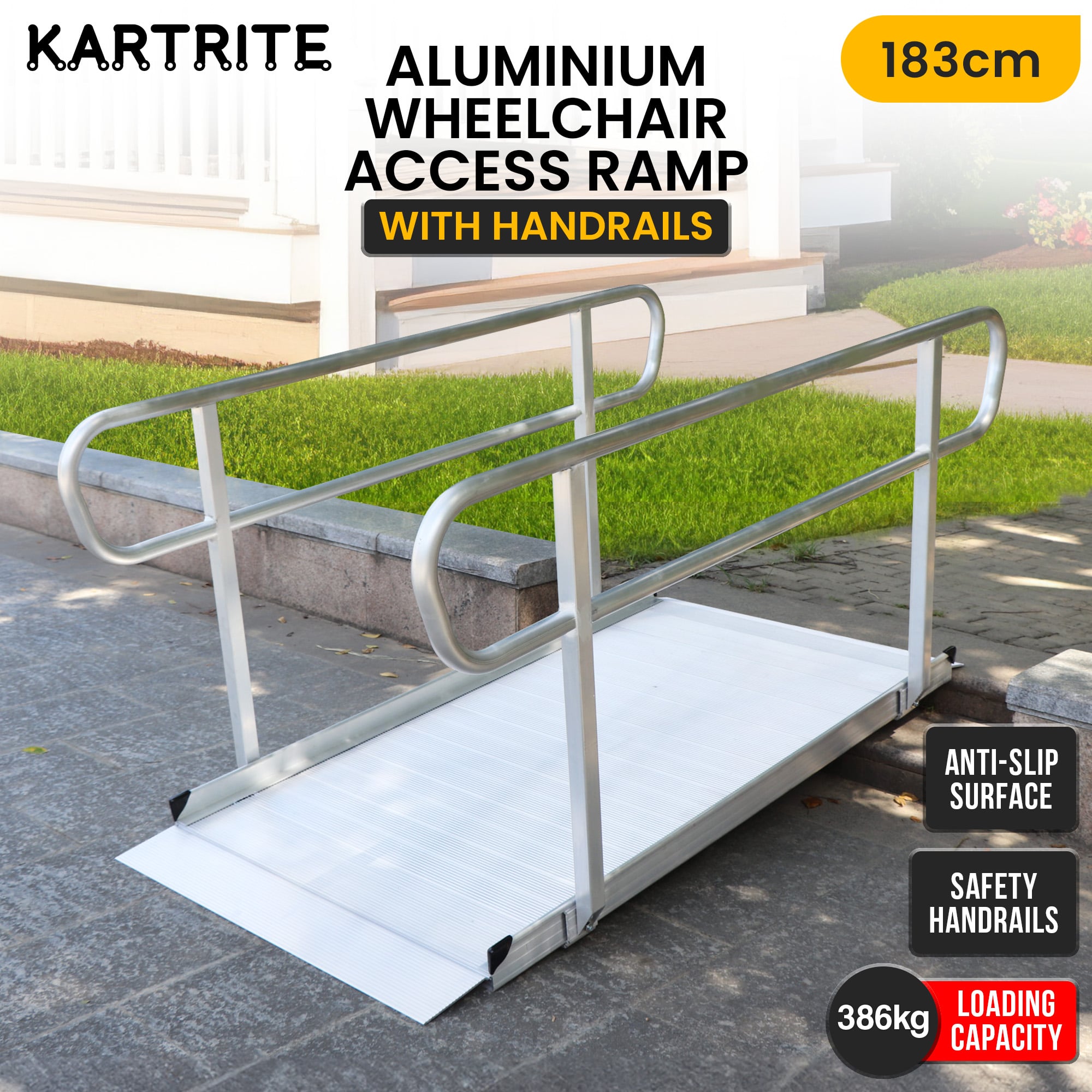 Kartrite 6ft Portable Aluminium Mobility Threshold Access Wheelchair Ramp w/ Handrails - Image 4