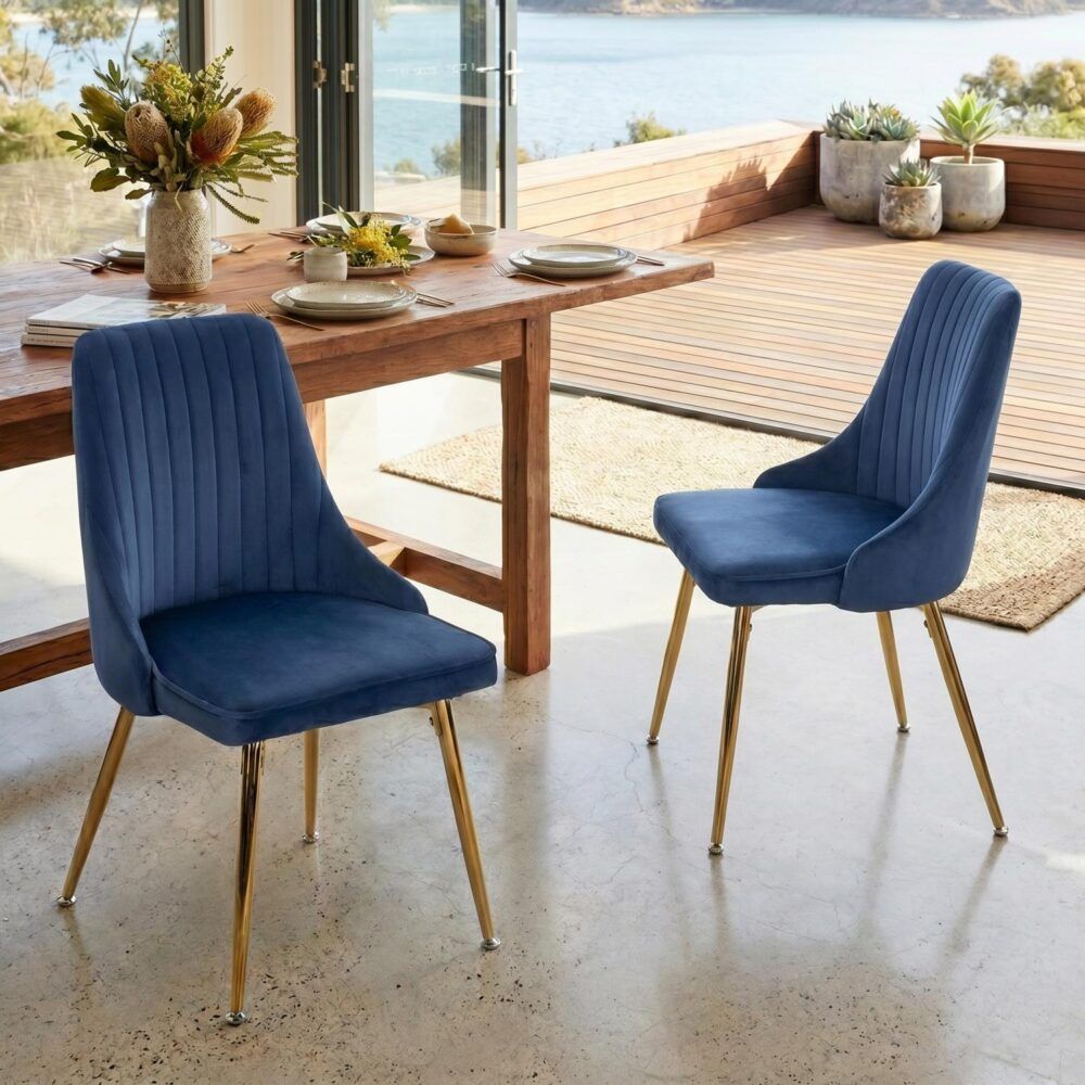 Viva Forever Set of 2 Blue Velvet Dining Chairs – Art Deco Design with Gold Metal Legs - Image 1