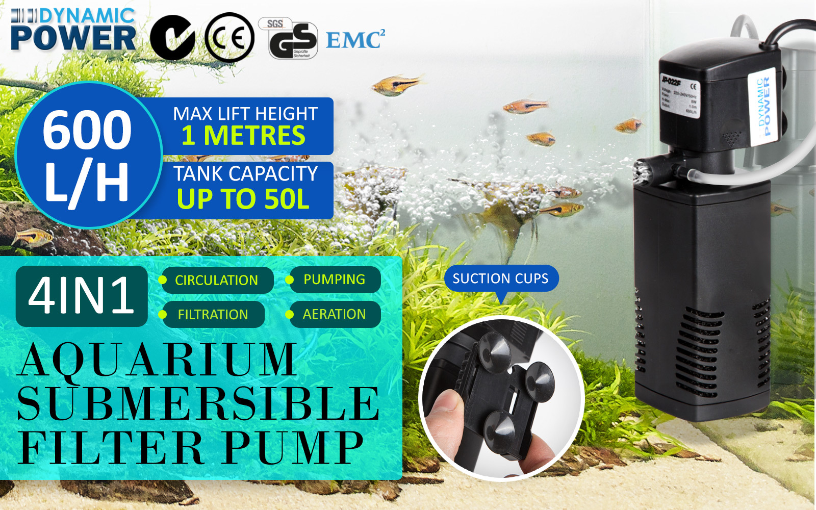 Aquarium Submersible Filter Pond Pump 600L/H 8W 1m - Image 2