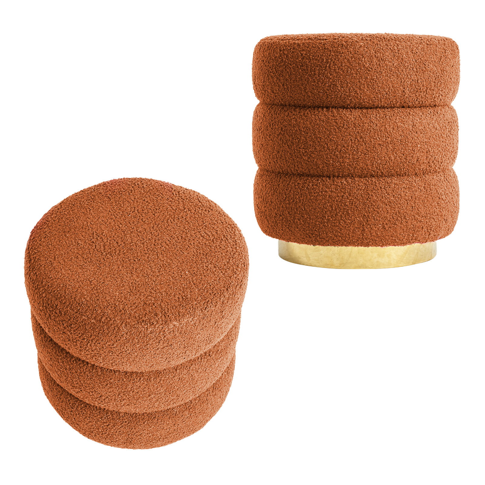 2X Round Stacked Ottoman Stool Teddy Fleece Fabric Foot Rest 38cm ORANGE - Image 1