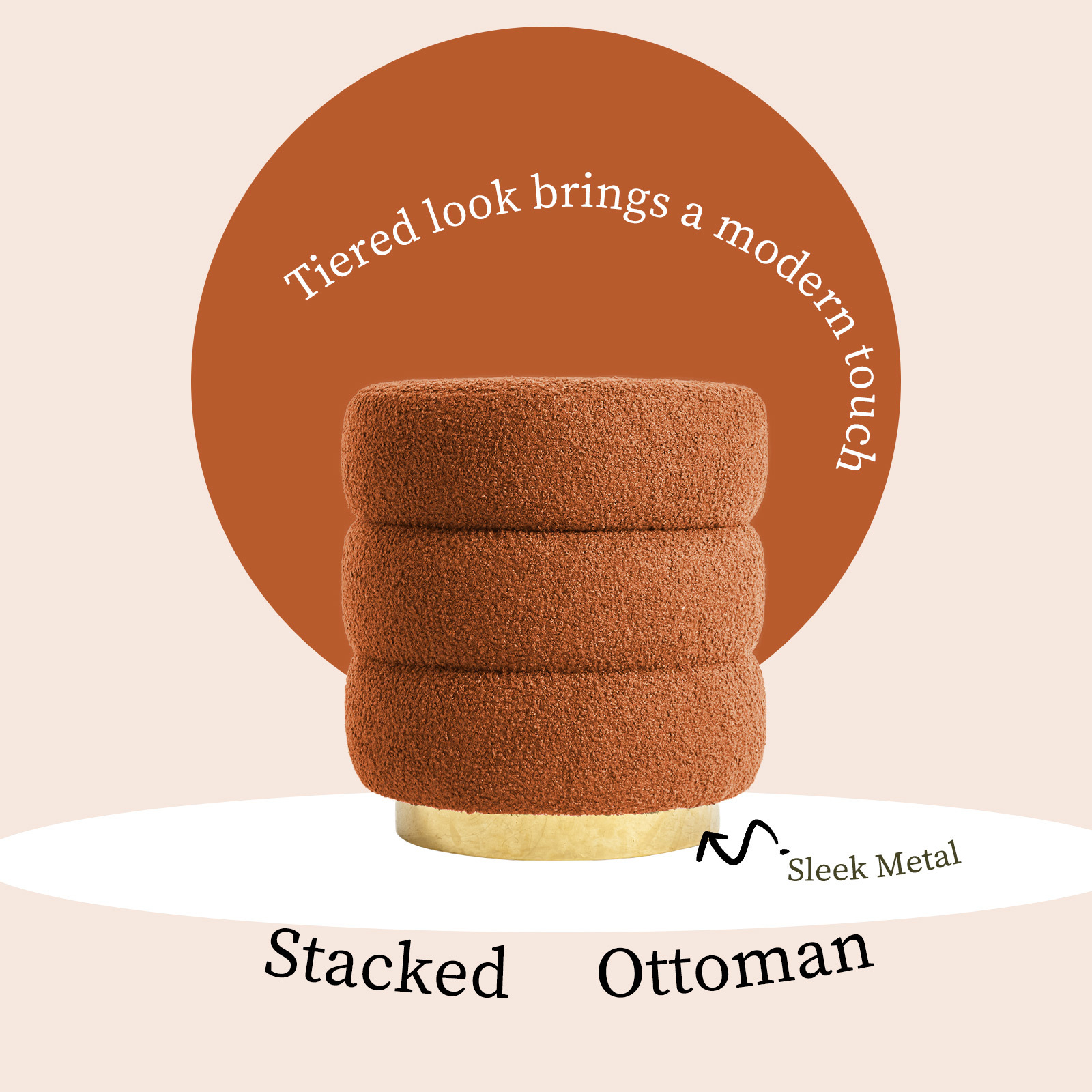 2X Round Stacked Ottoman Stool Teddy Fleece Fabric Foot Rest 38cm ORANGE - Image 4