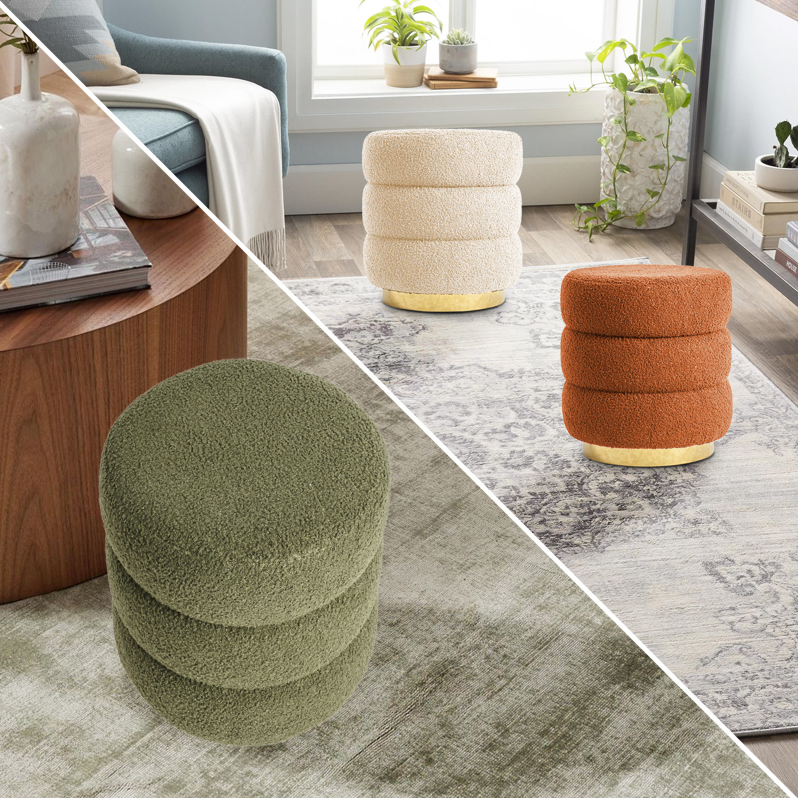2X Round Stacked Ottoman Stool Teddy Fleece Fabric Foot Rest 38cm ORANGE - Image 5