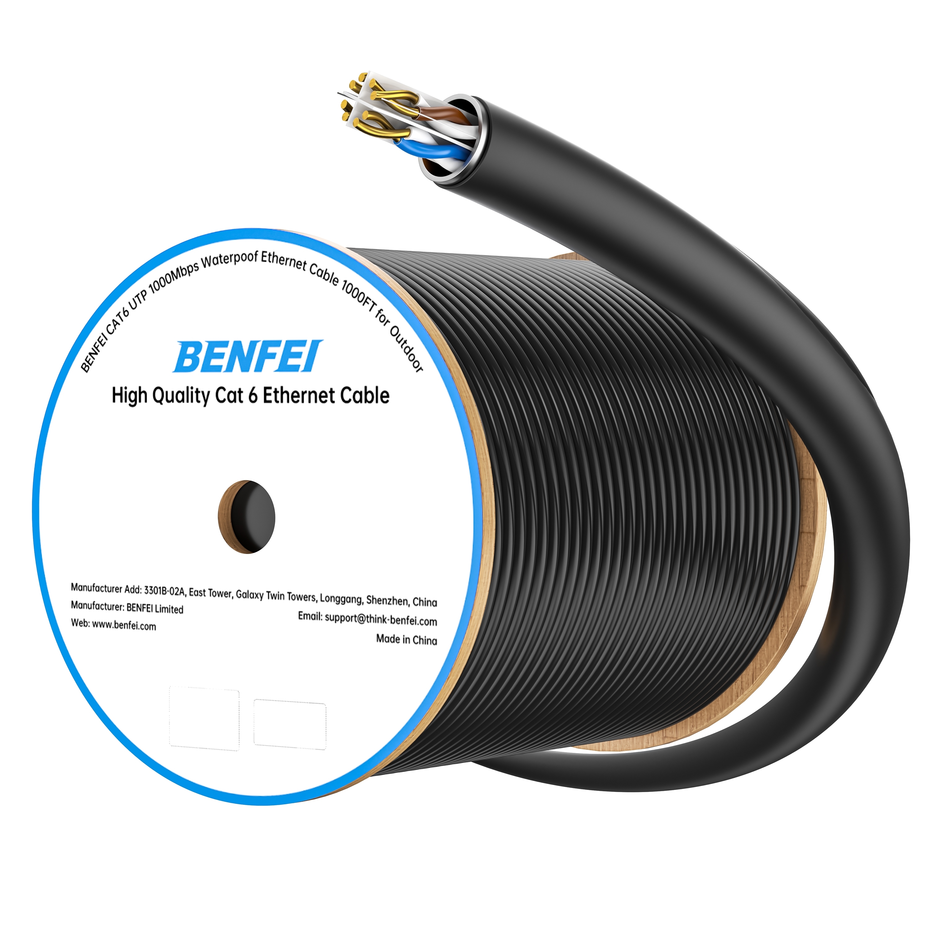 BENFEI 000701BK-305M CAT6 UTP 1000Mbps Waterproof Ethernet Cable 1000FT for Outdoor 305M (Unshielded) - Image 1