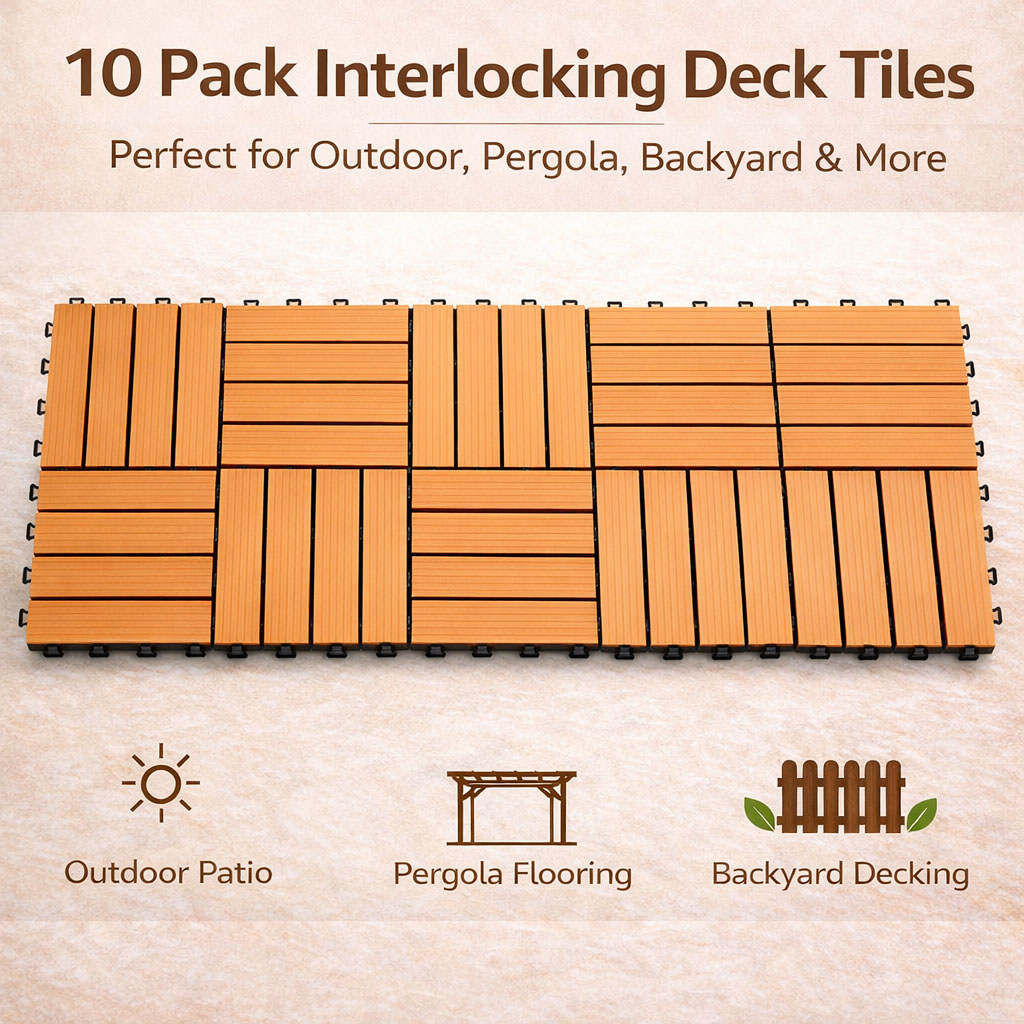 10PCS Interlocking Patio Deck Tiles 30cm x 30cm Outdoor Wood Flooring for Patio Garden Balcony Poolside - Image 3
