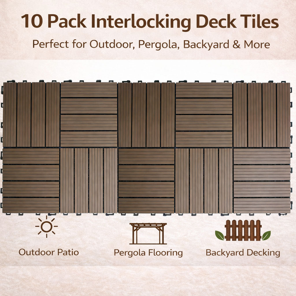 10PCS Interlocking Patio Deck Tiles 30cm x 30cm Outdoor Wood Flooring for Patio Garden Balcony Poolside Walnut - Image 8