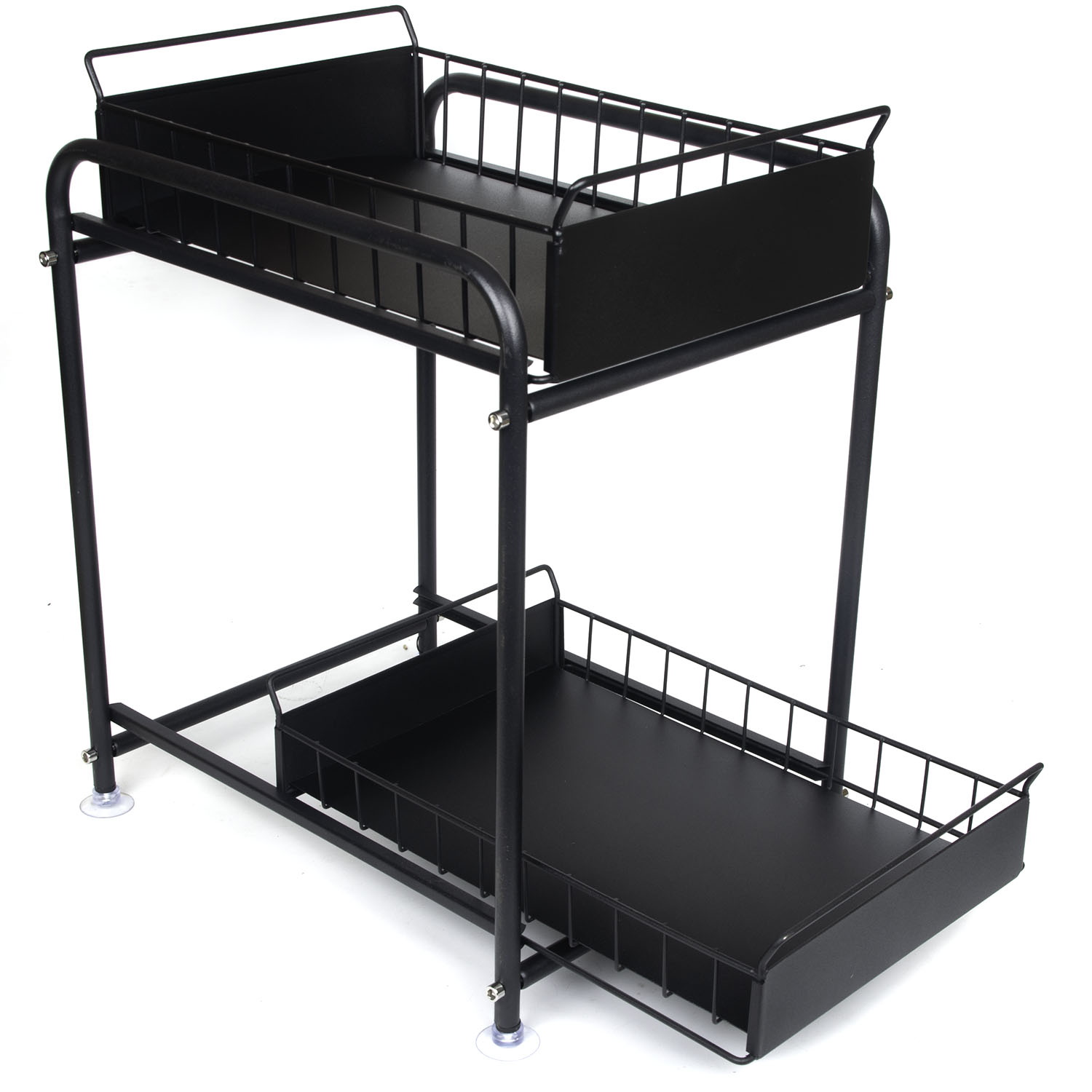 2 Tier Under Sink Storage Rack Kitchen Organizer Steel Frame with Removable Baskets & Suction Feet Black - Image 1