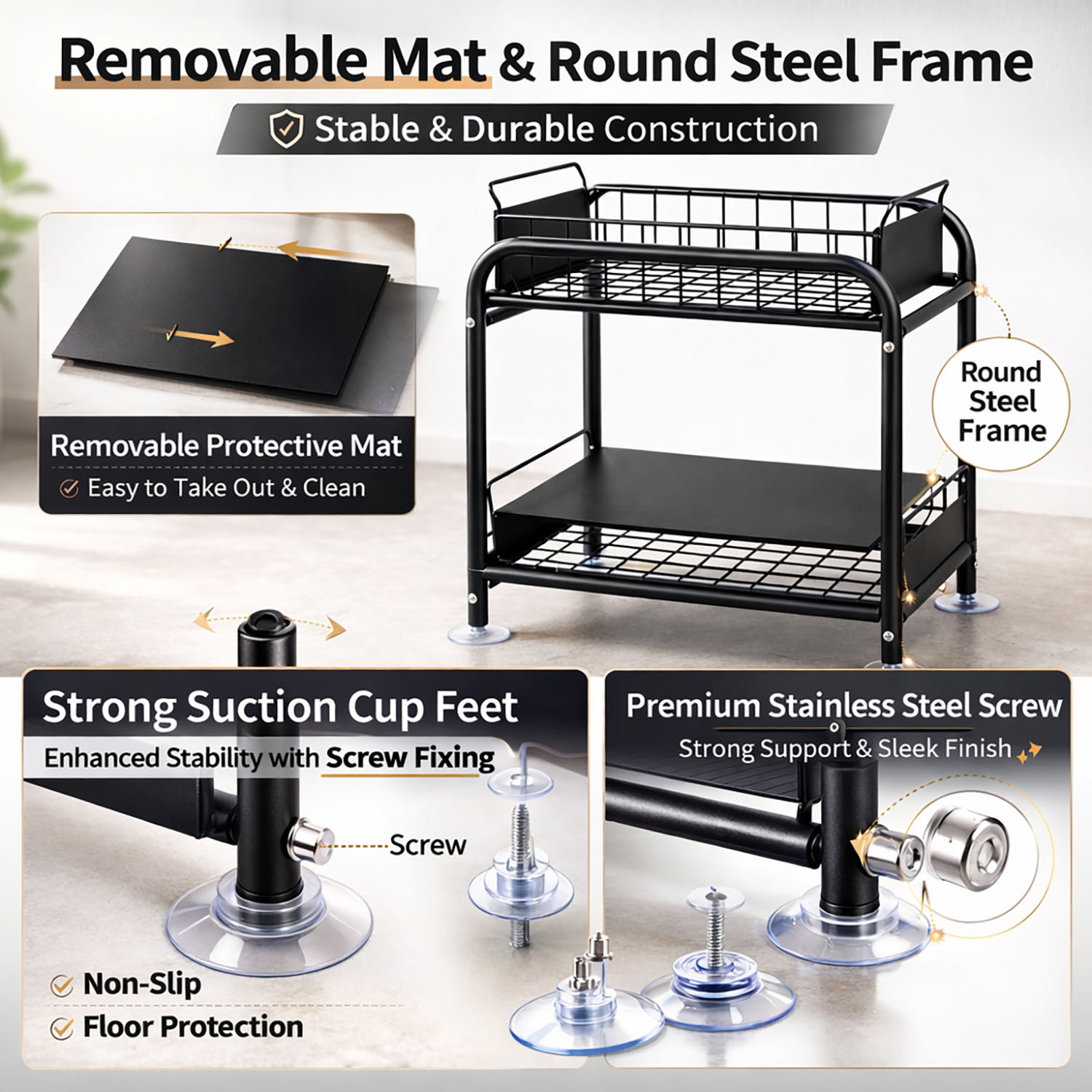 2 Tier Under Sink Storage Rack Kitchen Organizer Steel Frame with Removable Baskets & Suction Feet Black - Image 7