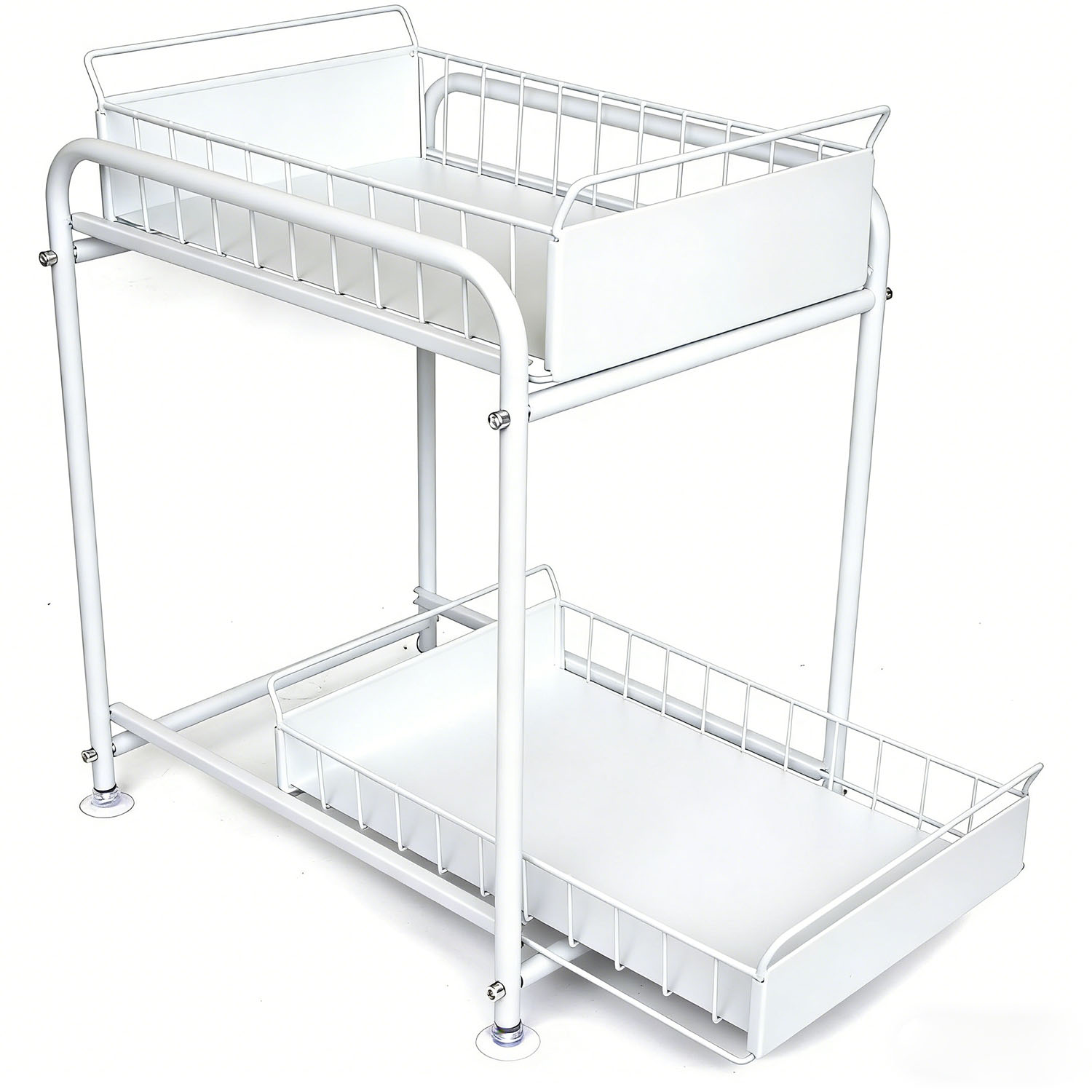 2 Tier Under Sink Storage Rack Kitchen Organizer Steel Frame with Removable Baskets & Suction Feet White - Image 1