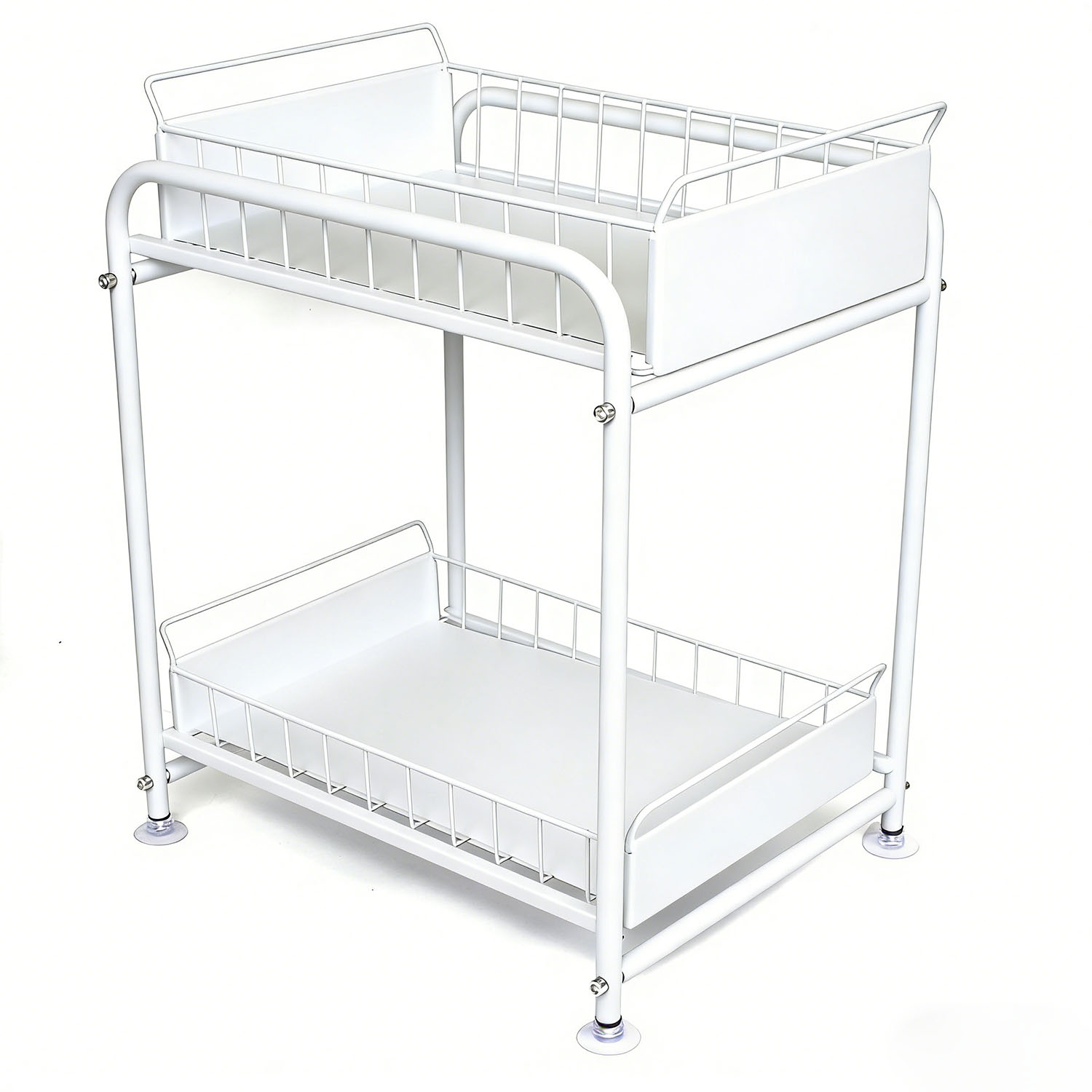 2 Tier Under Sink Storage Rack Kitchen Organizer Steel Frame with Removable Baskets & Suction Feet White - Image 2