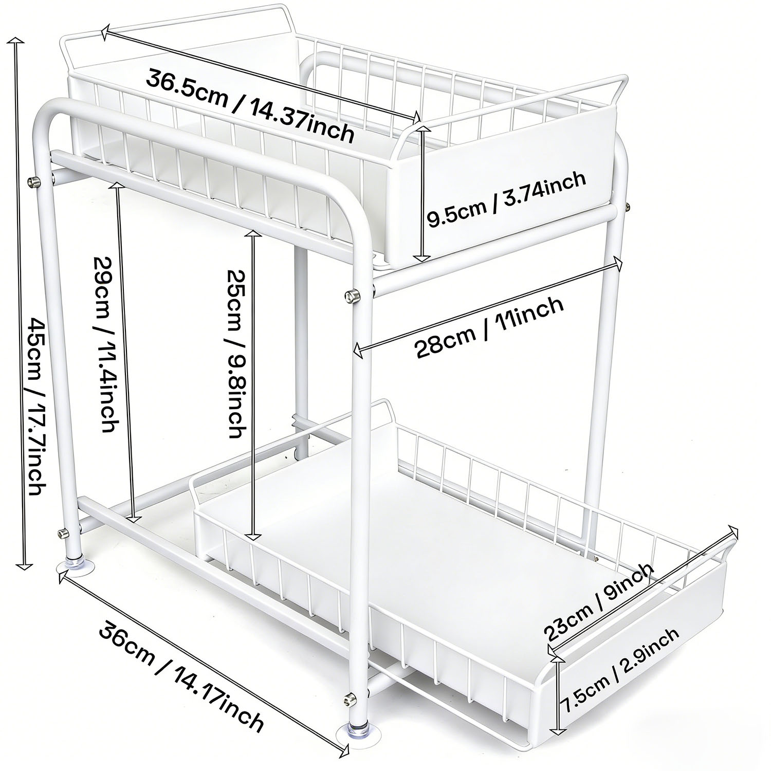 2 Tier Under Sink Storage Rack Kitchen Organizer Steel Frame with Removable Baskets & Suction Feet White - Image 3