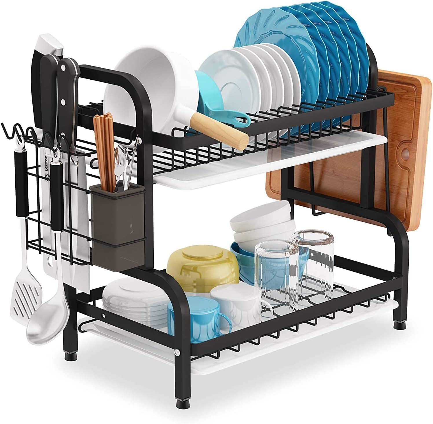 Dish Rack 2 Tier Dish Dryer Drainer Stainless Steel Dish Drying Rack Drip Trays Side Holder Kitchen Storage Save Space - Image 1