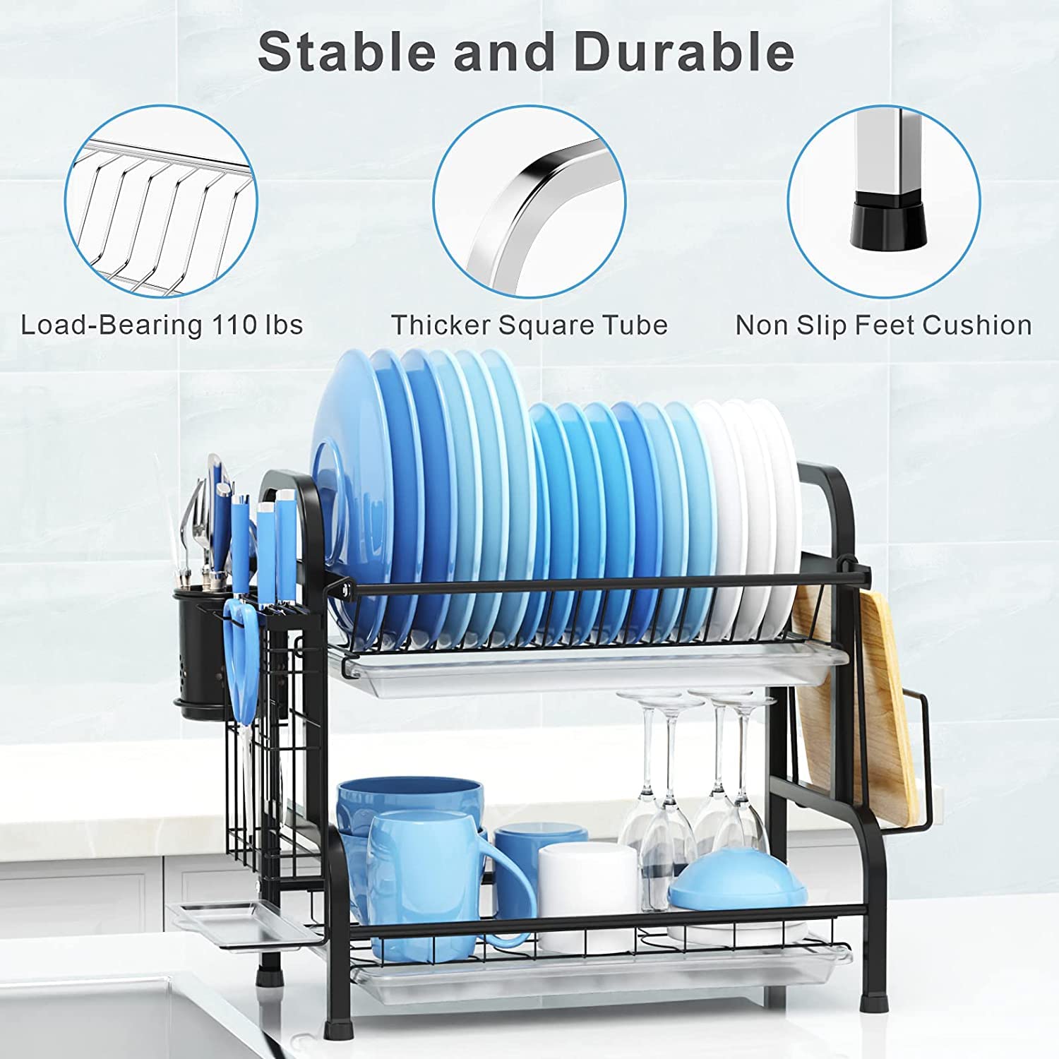Dish Rack 2 Tier Dish Dryer Drainer Stainless Steel Dish Drying Rack Drip Trays Side Holder Kitchen Storage Save Space - Image 3