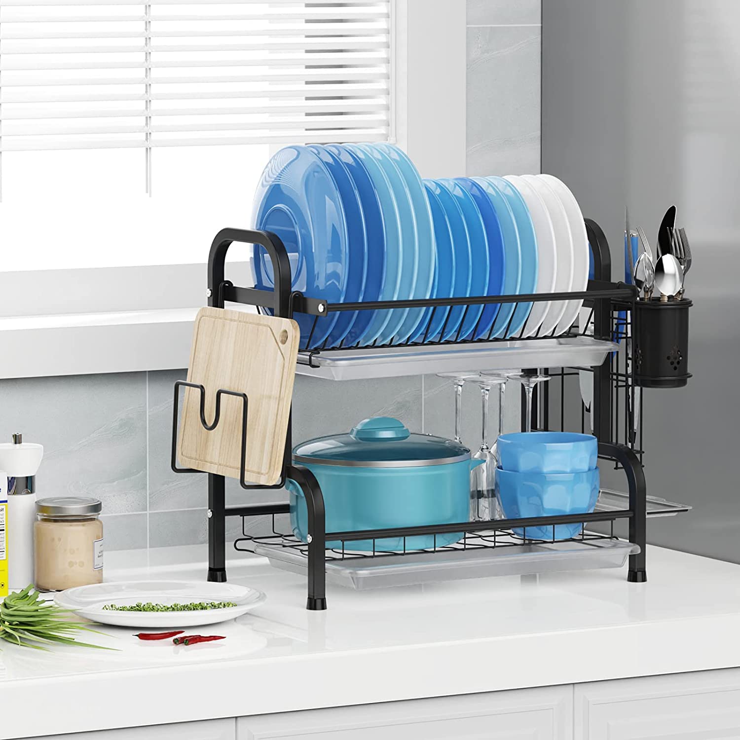 Dish Rack 2 Tier Dish Dryer Drainer Stainless Steel Dish Drying Rack Drip Trays Side Holder Kitchen Storage Save Space - Image 4