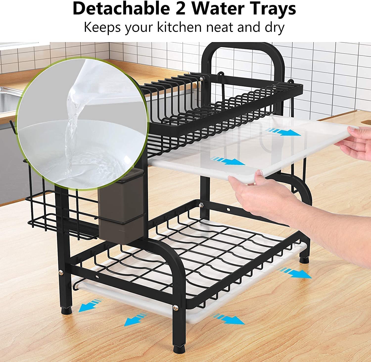 Dish Rack 2 Tier Dish Dryer Drainer Stainless Steel Dish Drying Rack Drip Trays Side Holder Kitchen Storage Save Space - Image 6