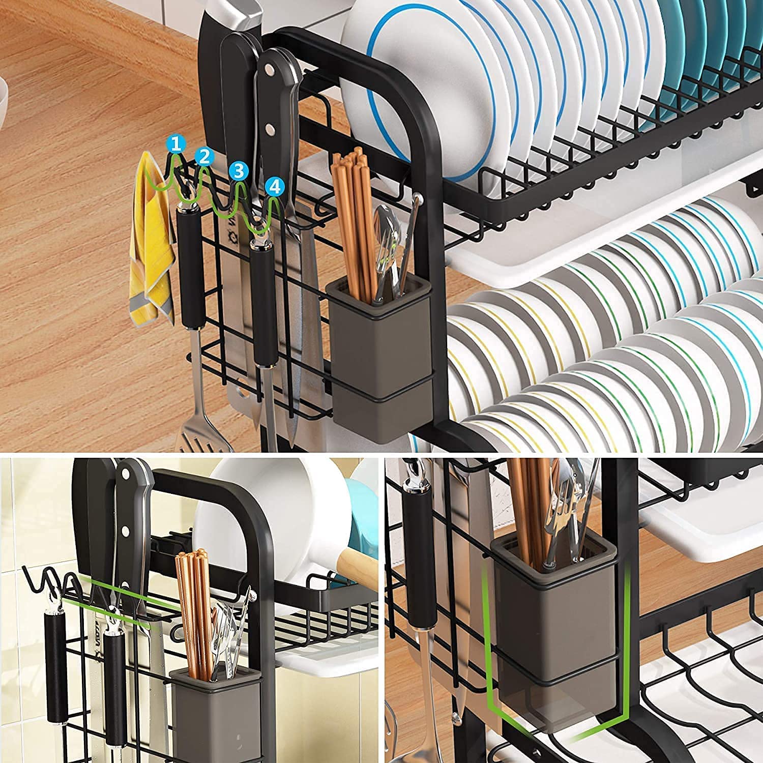 Dish Rack 2 Tier Dish Dryer Drainer Stainless Steel Dish Drying Rack Drip Trays Side Holder Kitchen Storage Save Space - Image 7