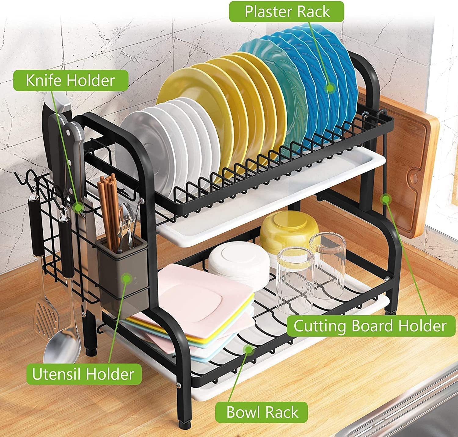 Dish Rack 2 Tier Dish Dryer Drainer Stainless Steel Dish Drying Rack Drip Trays Side Holder Kitchen Storage Save Space - Image 8