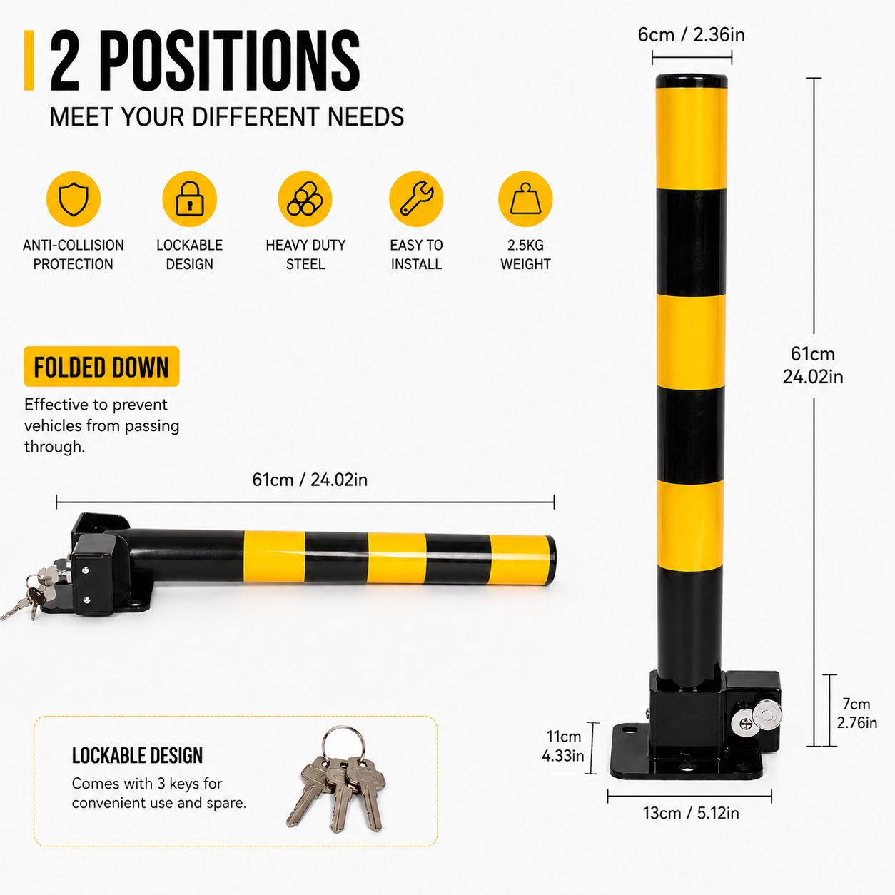 Heavy Duty Fold Down Parking Bollard Lockable Safety Post Yellow Black 61cm - Image 2