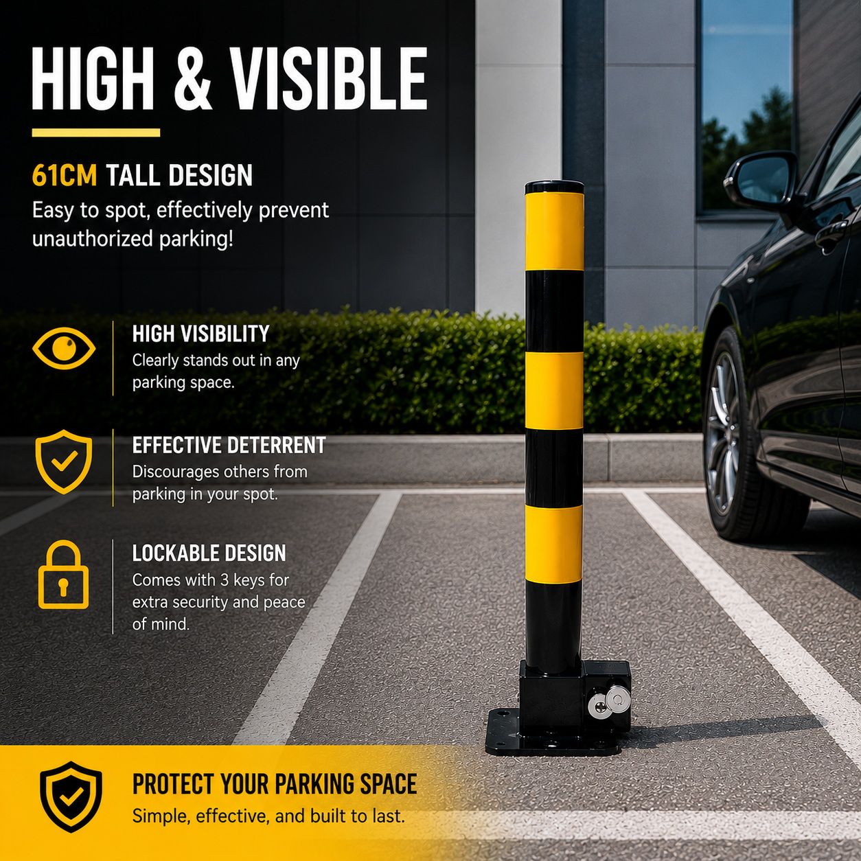 Heavy Duty Fold Down Parking Bollard Lockable Safety Post Yellow Black 61cm - Image 5