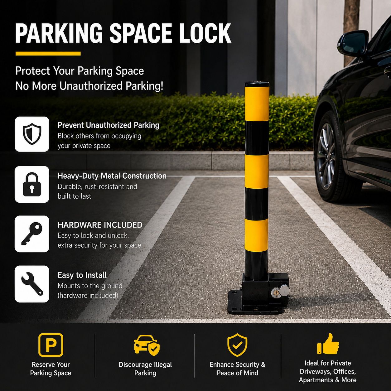 Heavy Duty Fold Down Parking Bollard Lockable Safety Post Yellow Black 61cm - Image 6