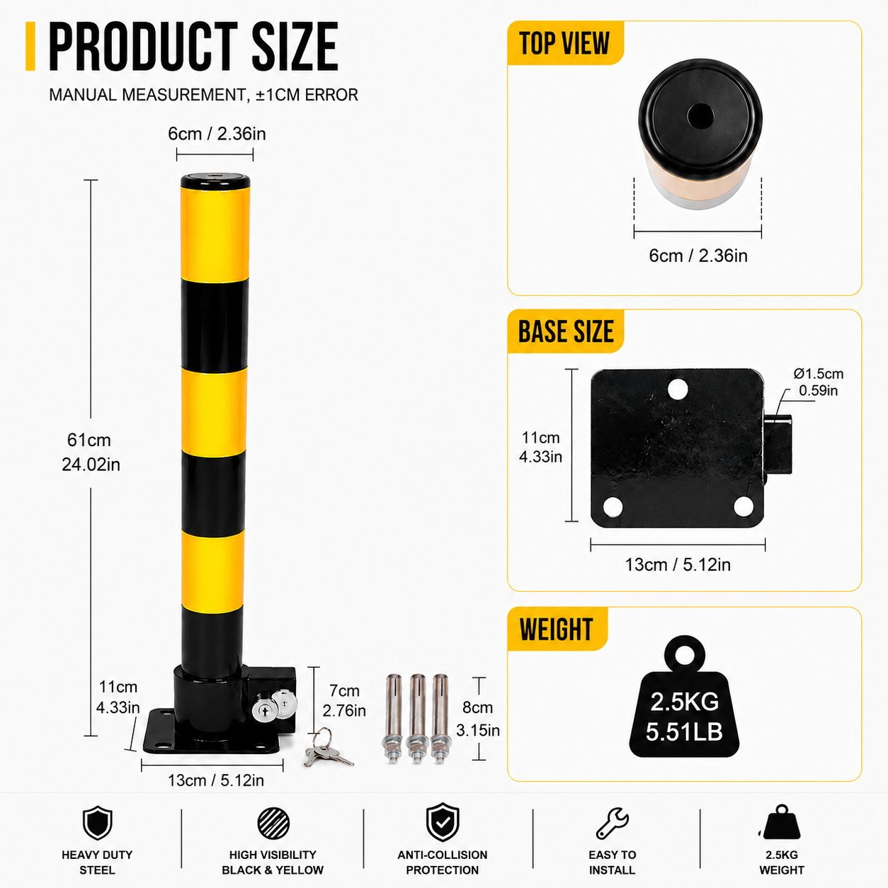 Heavy Duty Fold Down Parking Bollard Lockable Safety Post Yellow Black 61cm - Image 7