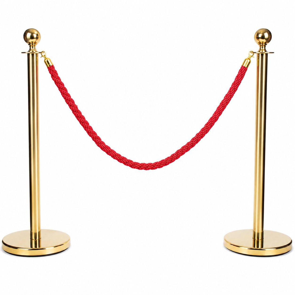 Gold Queue Barrier Stanchion Set of 2 with Red Velvet Rope Crowd Control Bollards - Image 1
