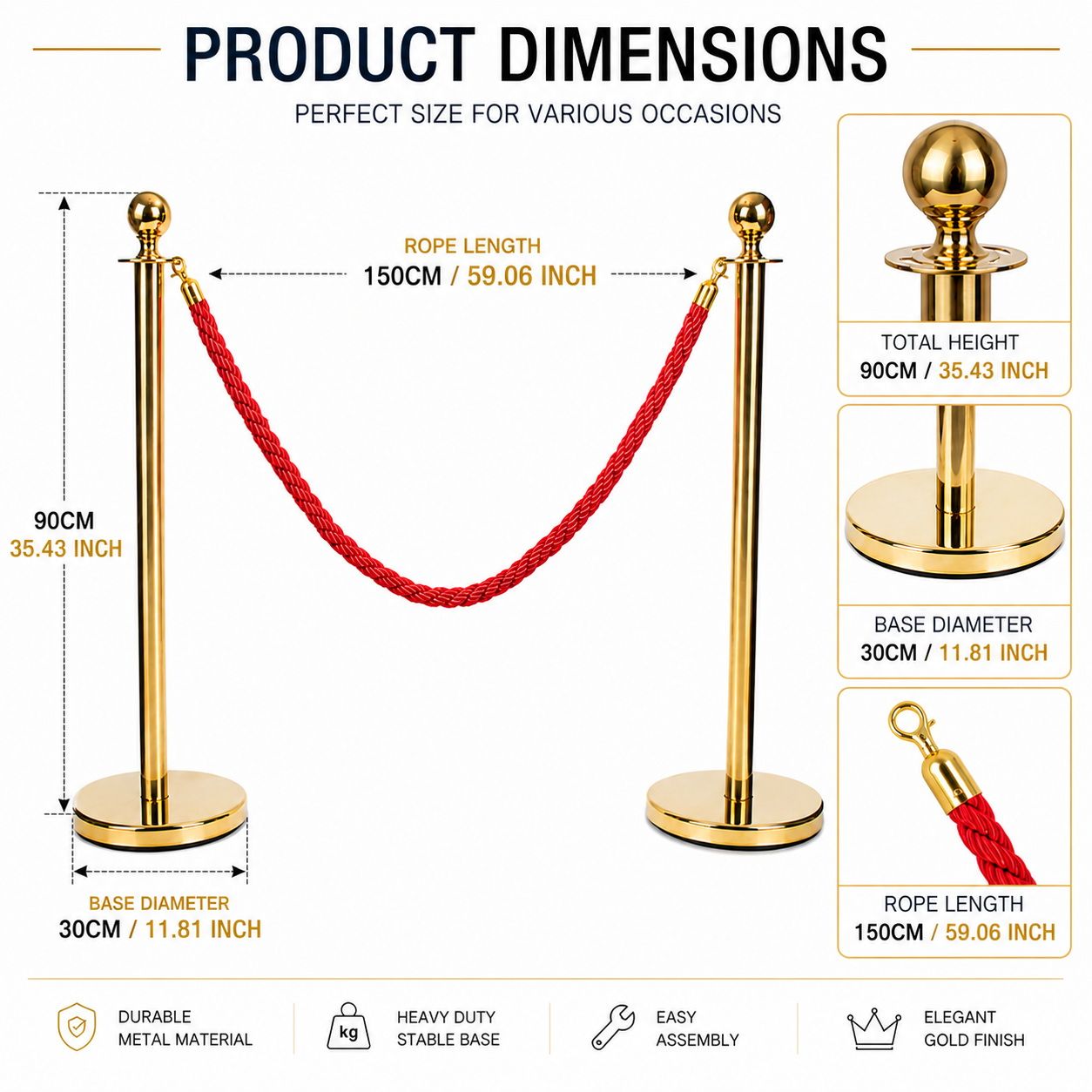 Gold Queue Barrier Stanchion Set of 2 with Red Velvet Rope Crowd Control Bollards - Image 2