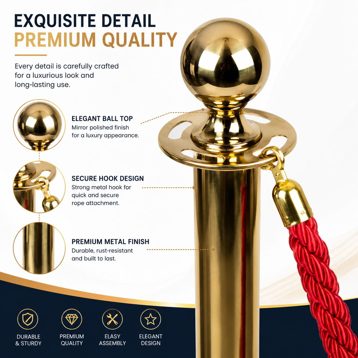 Gold Queue Barrier Stanchion Set of 2 with Red Velvet Rope Crowd Control Bollards - Image 3