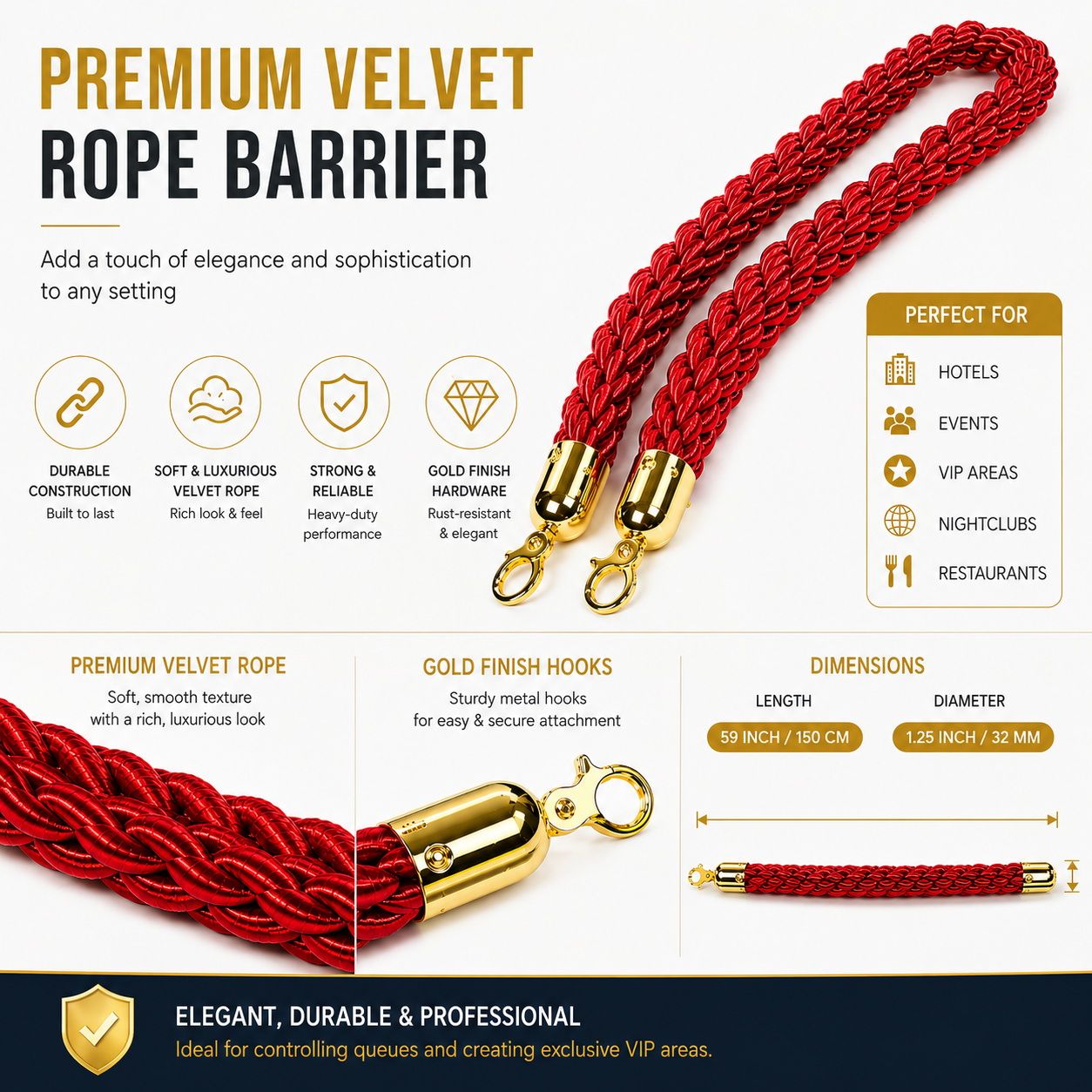 Gold Queue Barrier Stanchion Set of 2 with Red Velvet Rope Crowd Control Bollards - Image 4