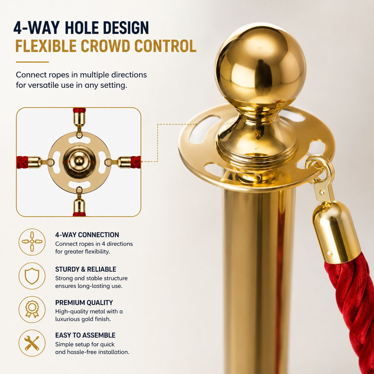 Gold Queue Barrier Stanchion Set of 2 with Red Velvet Rope Crowd Control Bollards - Image 6