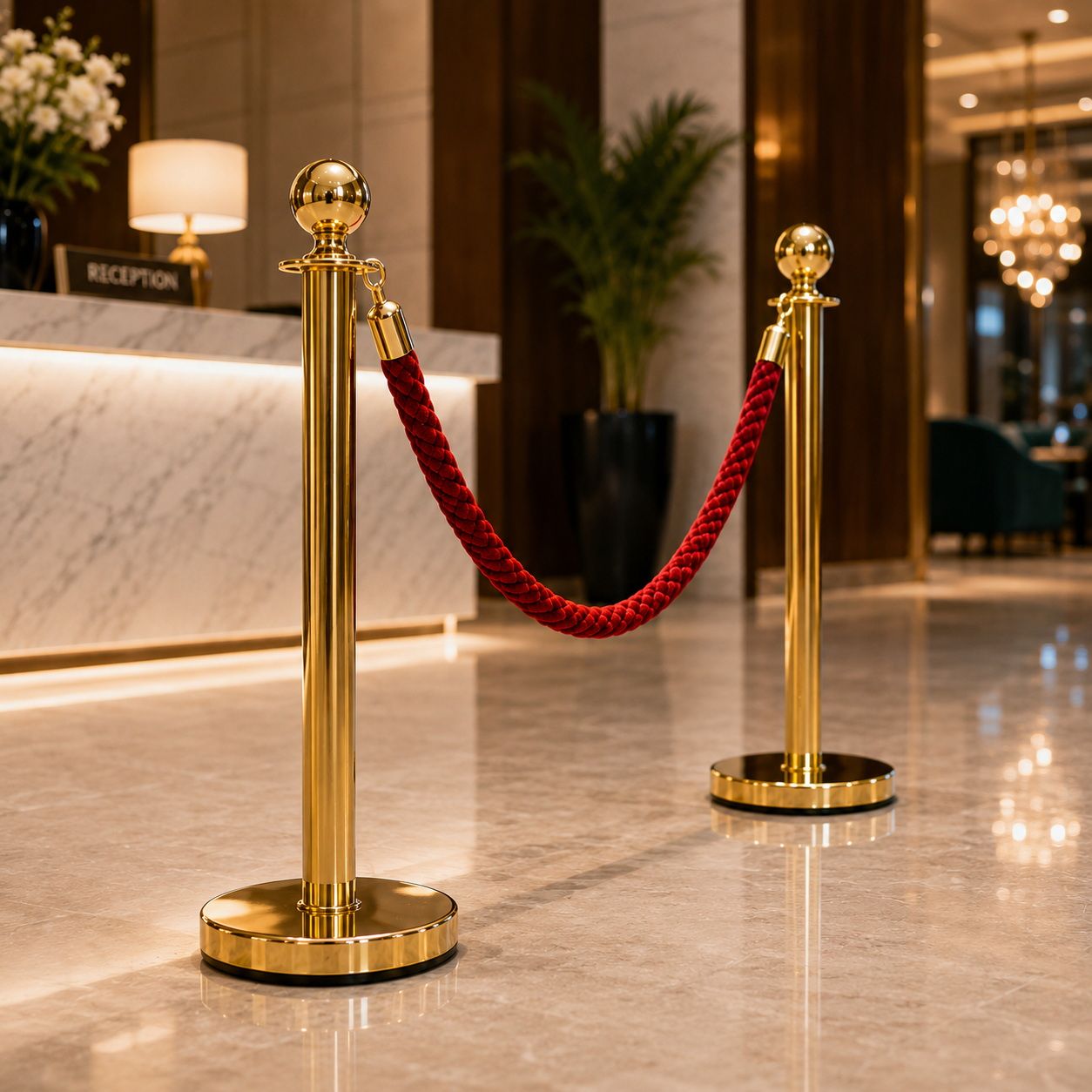 Gold Queue Barrier Stanchion Set of 2 with Red Velvet Rope Crowd Control Bollards - Image 7
