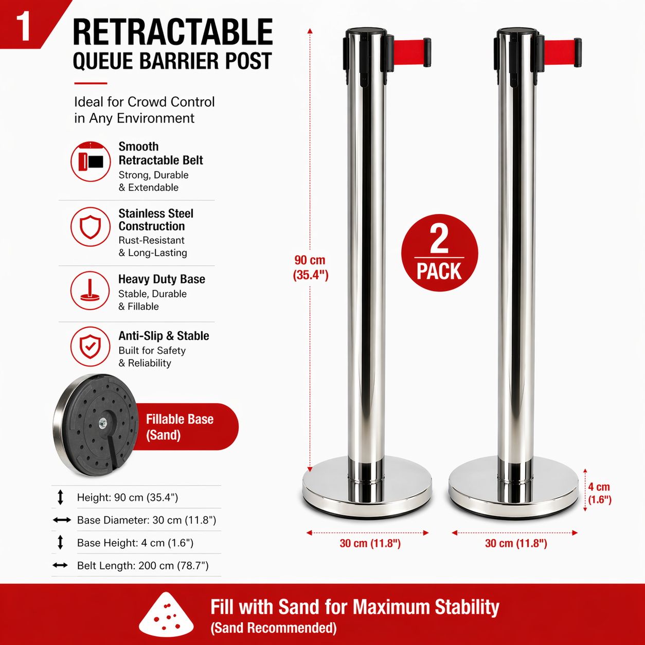 2 Pack Queue Barrier Stanchion Posts Retractable Belt Crowd Control Safety Barrier Silver Red - Image 2