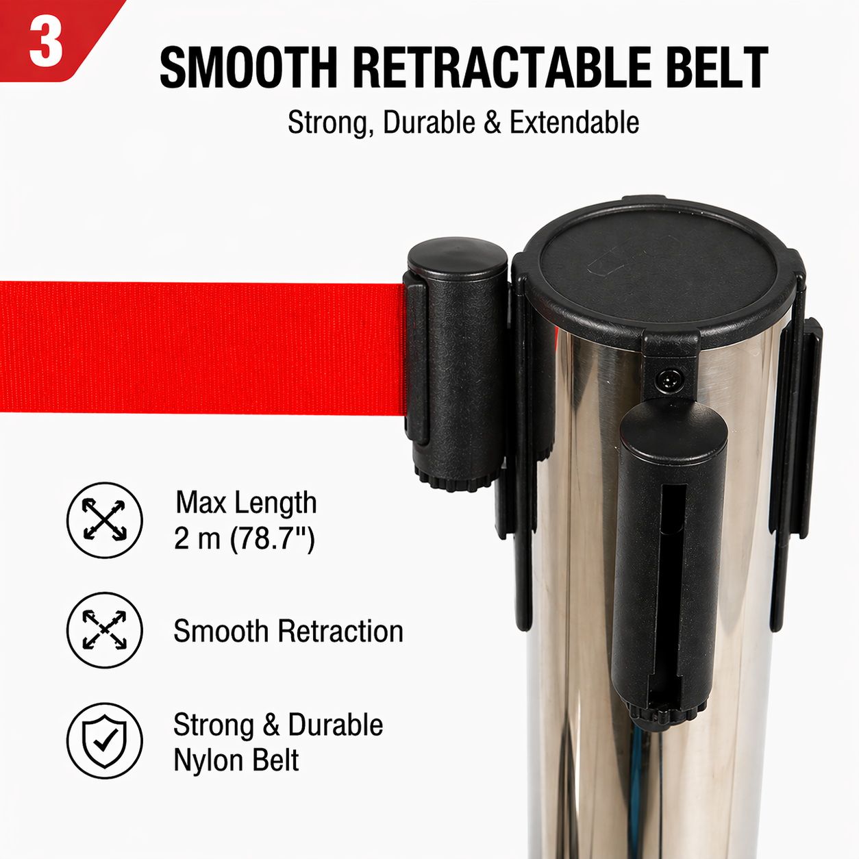 2 Pack Queue Barrier Stanchion Posts Retractable Belt Crowd Control Safety Barrier Silver Red - Image 4
