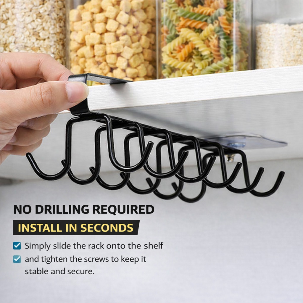 Under Cabinet Mug Holder 12 Hooks No Drill Cup Rack Organizer for Kitchen Storage Black - Image 2