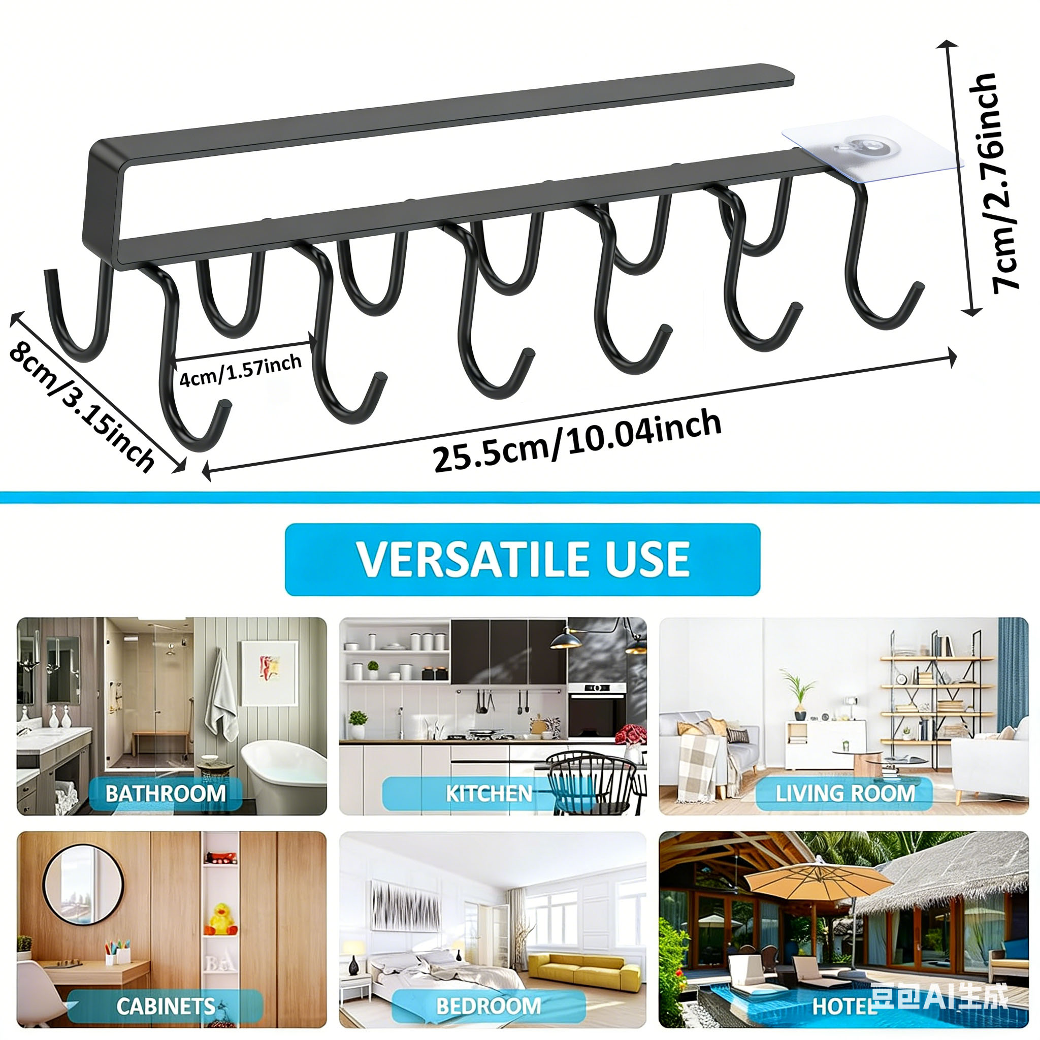 Under Cabinet Mug Holder 12 Hooks No Drill Cup Rack Organizer for Kitchen Storage Black - Image 3