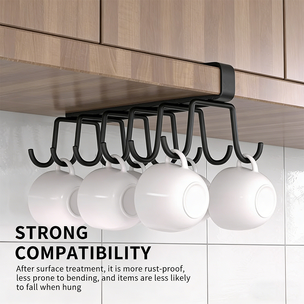 Under Cabinet Mug Holder 12 Hooks No Drill Cup Rack Organizer for Kitchen Storage Black - Image 4