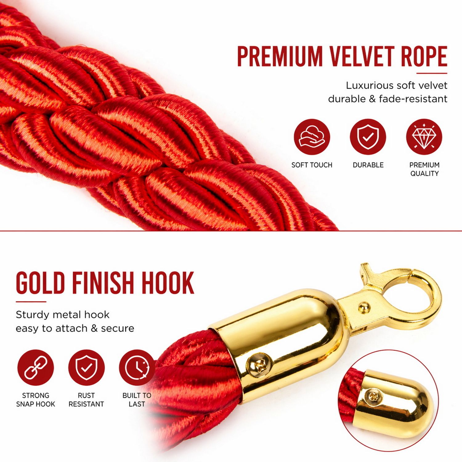Premium Velvet Rope Barrier Queue Rope with Gold Hooks Red 150cm VIP Crowd Control Rope - Image 3