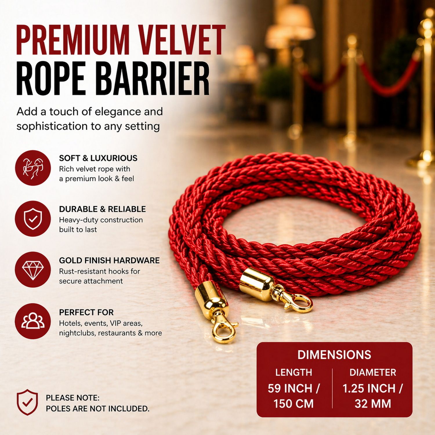 Premium Velvet Rope Barrier Queue Rope with Gold Hooks Red 150cm VIP Crowd Control Rope - Image 4
