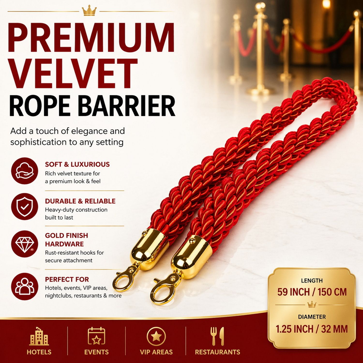 Premium Velvet Rope Barrier Queue Rope with Gold Hooks Red 150cm VIP Crowd Control Rope - Image 5
