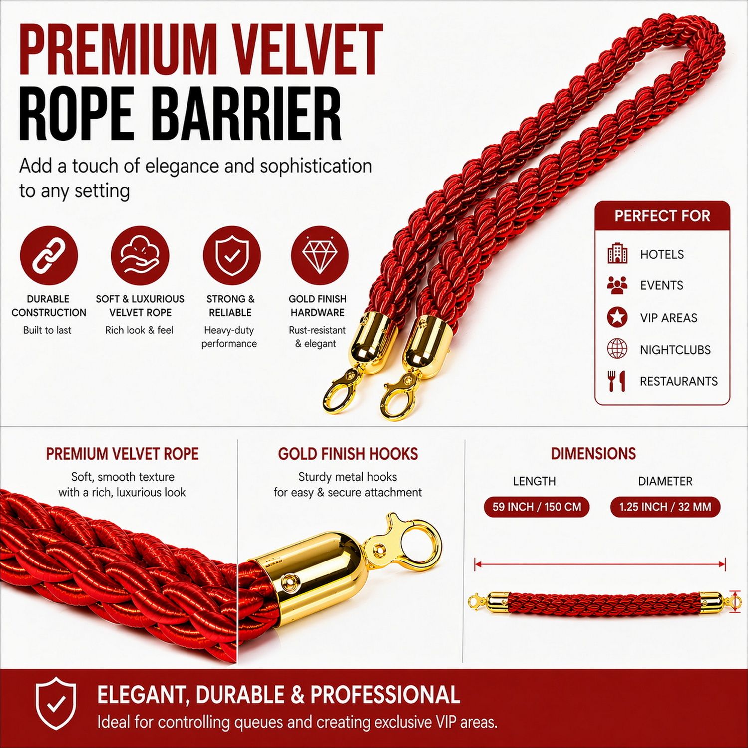 Premium Velvet Rope Barrier Queue Rope with Gold Hooks Red 150cm VIP Crowd Control Rope - Image 7