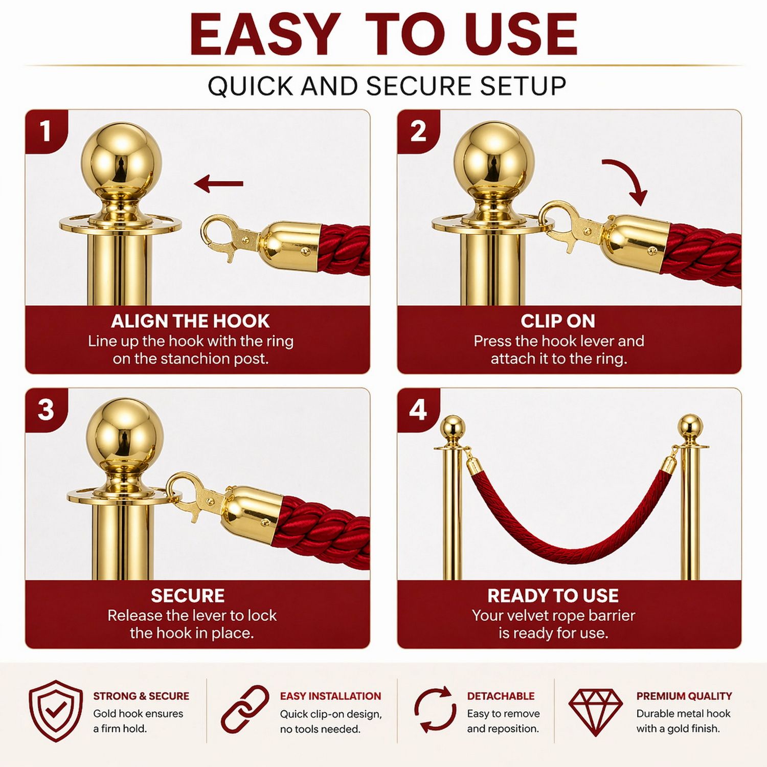 Premium Velvet Rope Barrier Queue Rope with Gold Hooks Red 150cm VIP Crowd Control Rope - Image 8