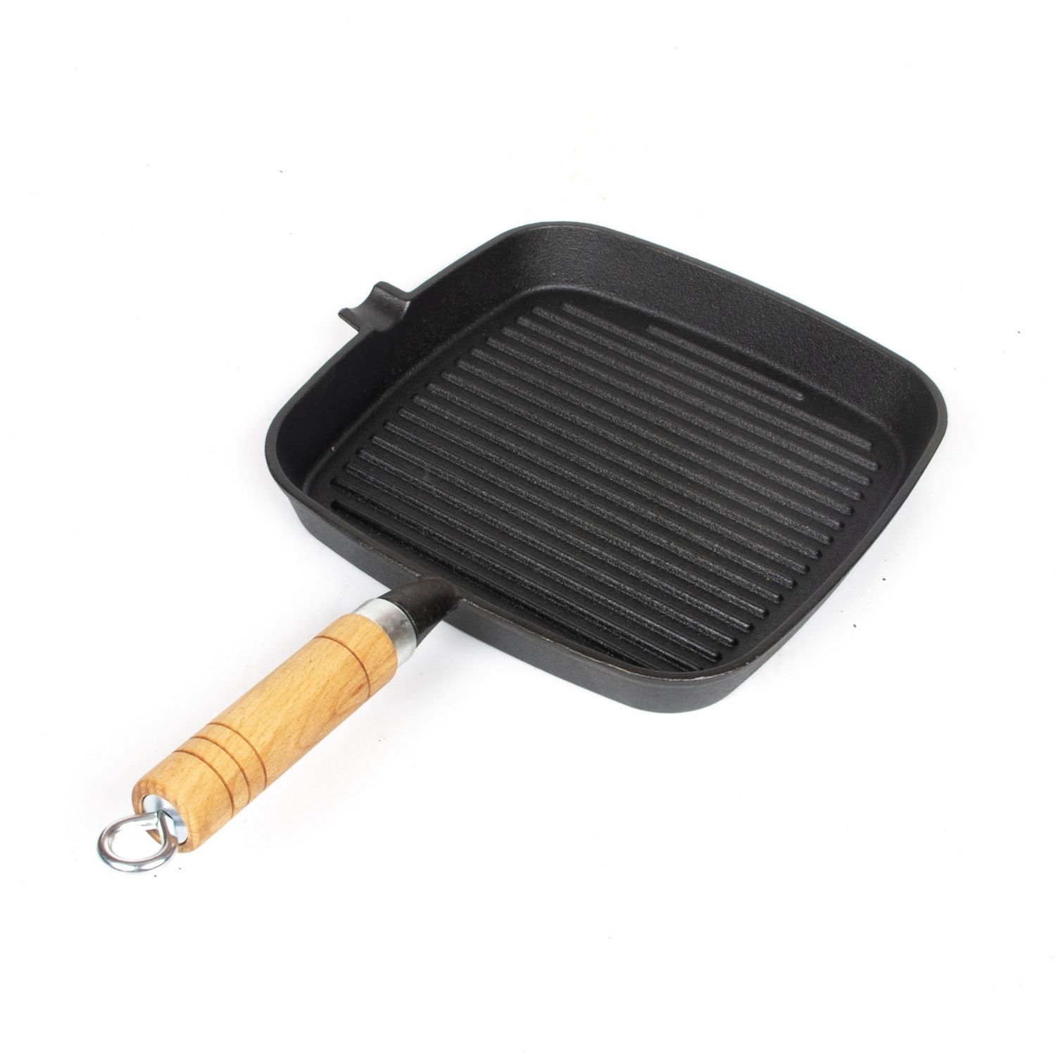 Premium Cast Iron Grill Pan 22cm Square Pre-Seasoned BBQ Steak Fry Pan Wooden Handle - Image 1