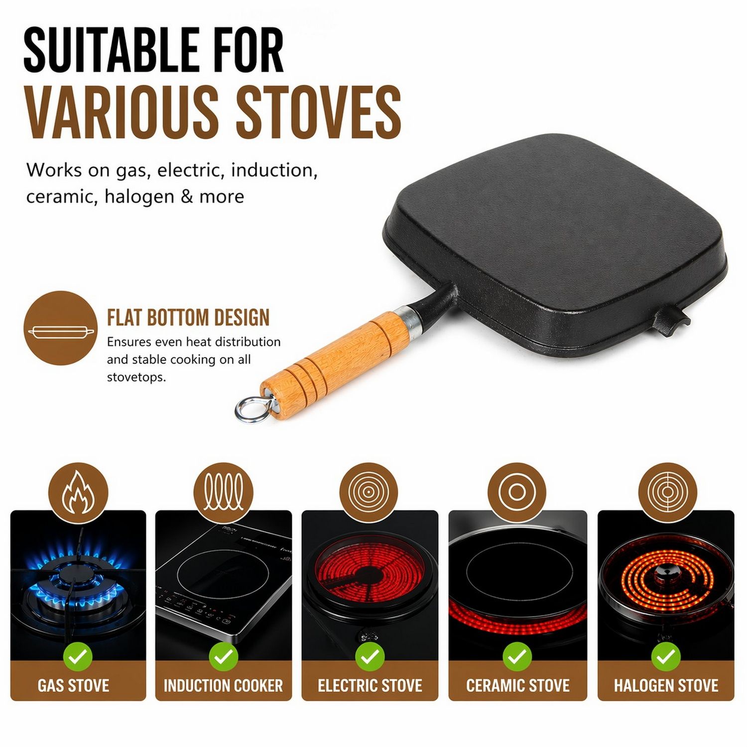 Premium Cast Iron Grill Pan 22cm Square Pre-Seasoned BBQ Steak Fry Pan Wooden Handle - Image 2
