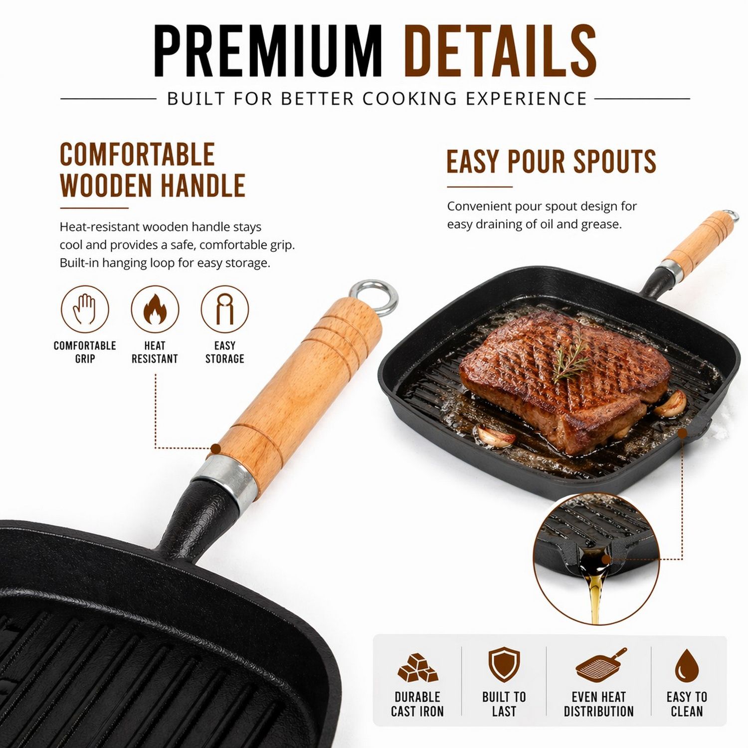 Premium Cast Iron Grill Pan 22cm Square Pre-Seasoned BBQ Steak Fry Pan Wooden Handle - Image 3