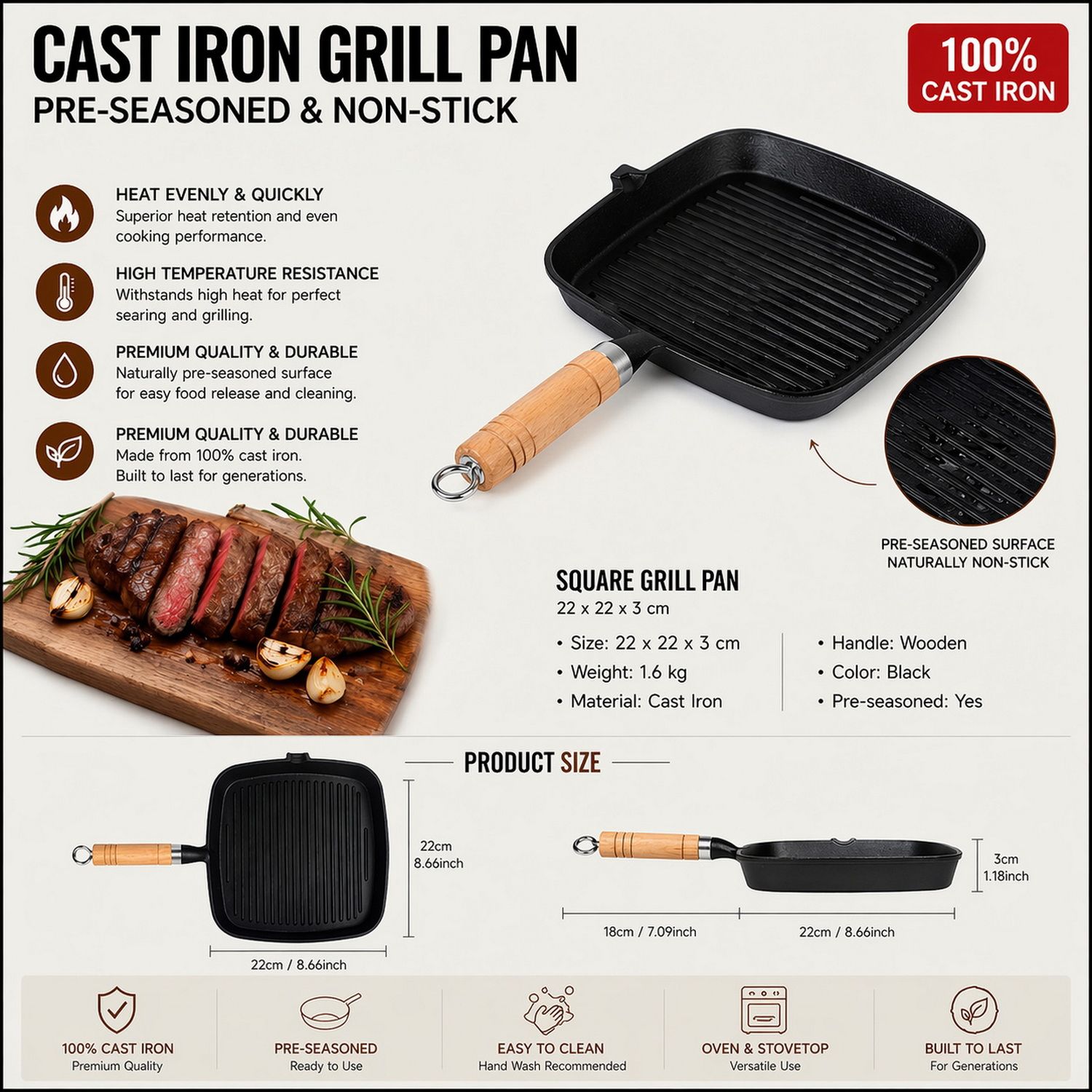 Premium Cast Iron Grill Pan 22cm Square Pre-Seasoned BBQ Steak Fry Pan Wooden Handle - Image 4