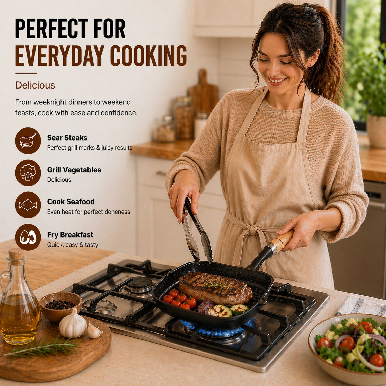 Premium Cast Iron Grill Pan 22cm Square Pre-Seasoned BBQ Steak Fry Pan Wooden Handle - Image 5