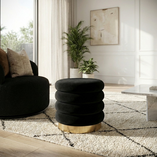 Interior Ave - Roma Round Velvet Ottoman / Footstool – Black - Image 1