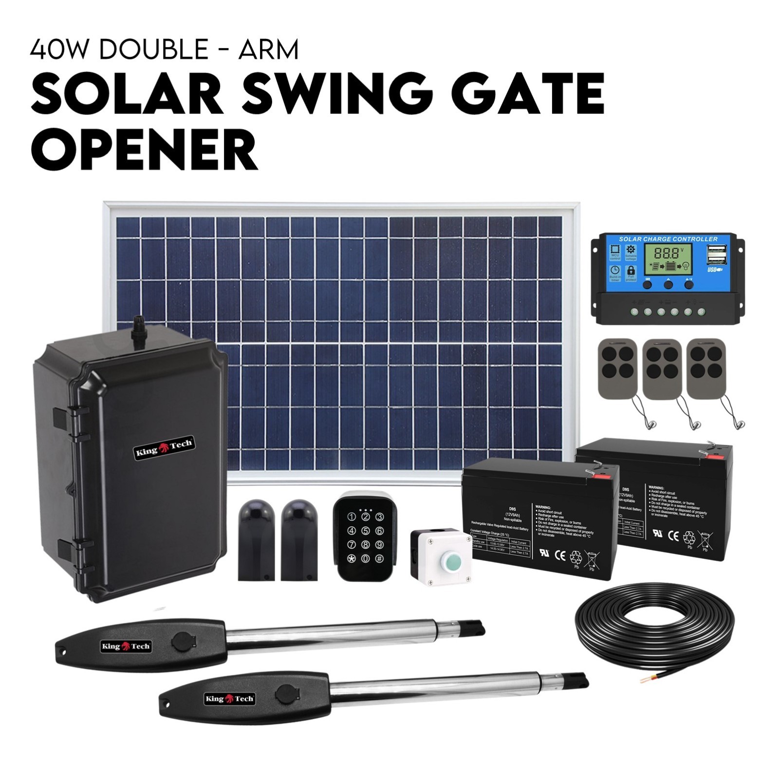 Full Solar Automatic 40W Double Swing Gate Opener Remote Keypad Control - Image 1