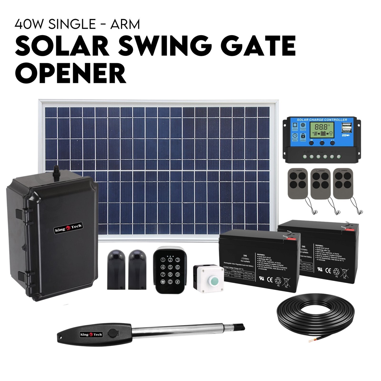 40W Full Solar Powered Automatic Remote Single Swing Gate Opener Battery - Image 1