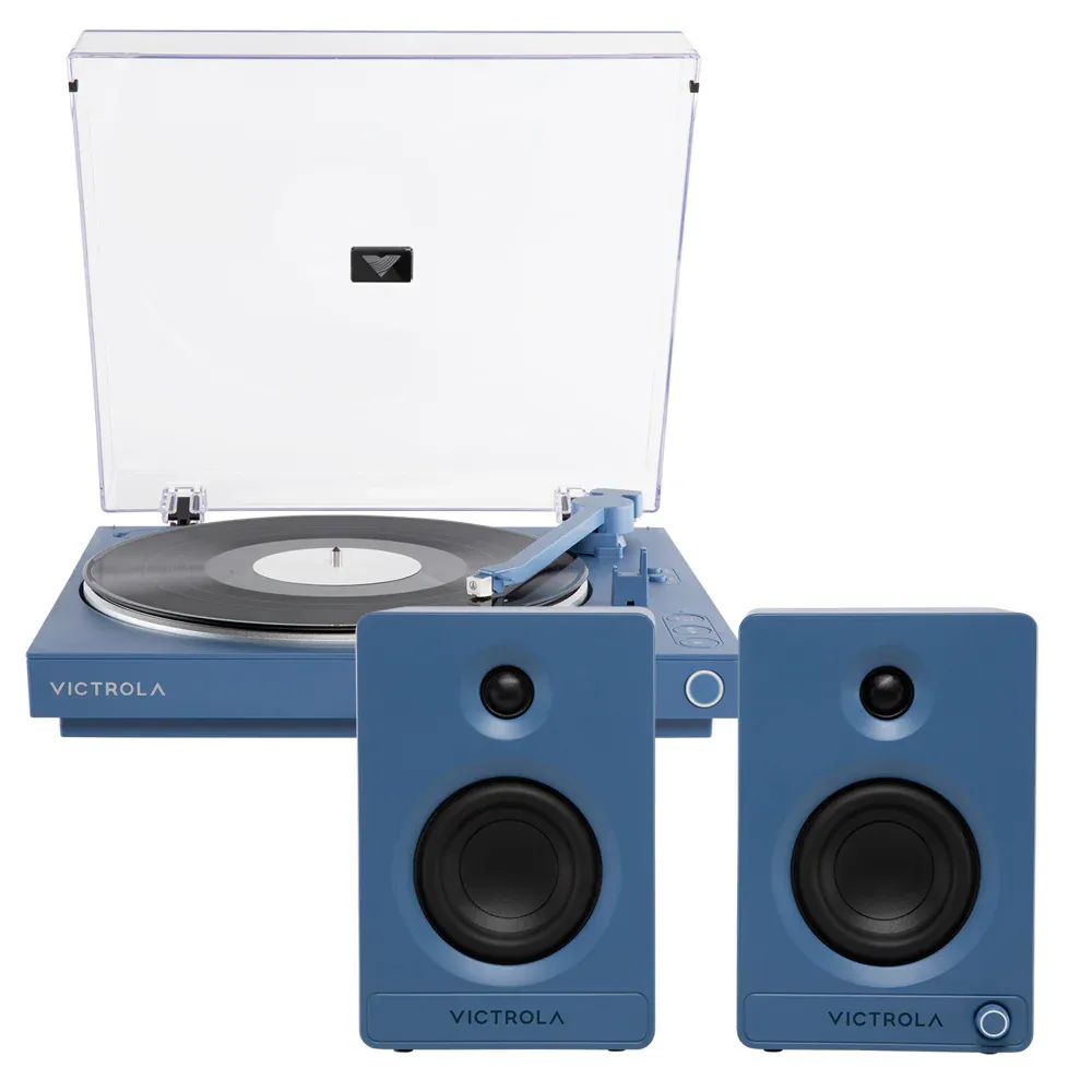 Victrola Automatic Turntable + Victrola Tempo Bookshelf Speakers Bundle - Blue - Image 1