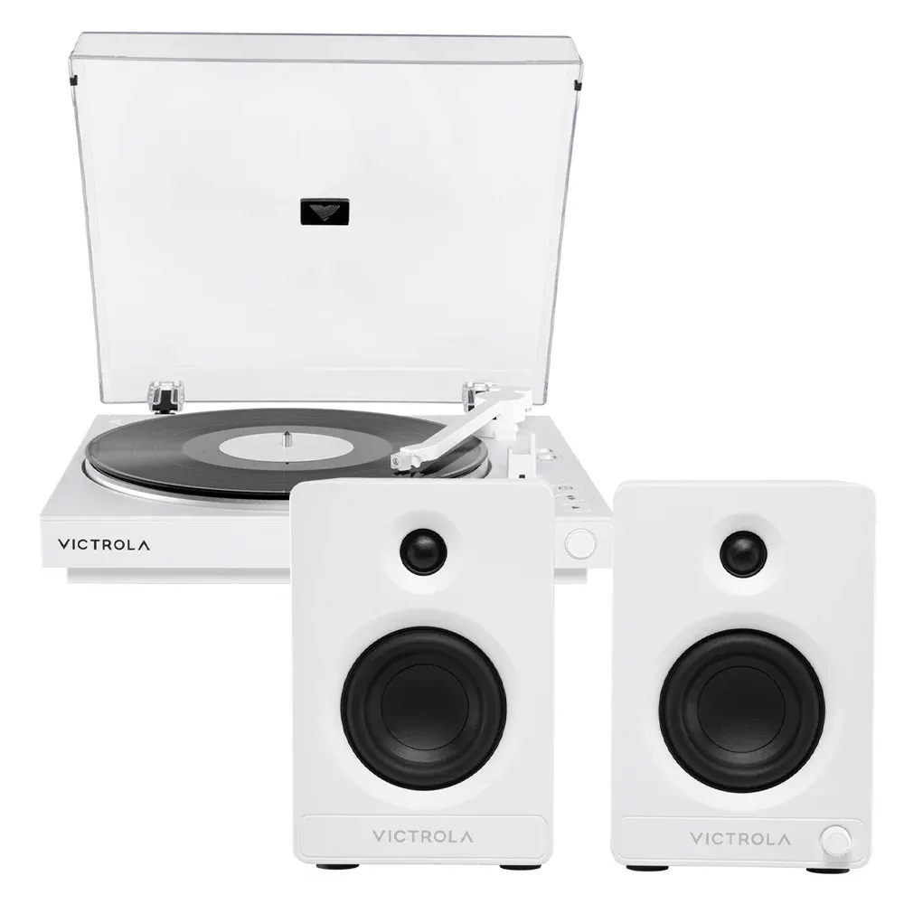 Victrola Automatic Turntable + Victrola Tempo Bookshelf Speakers Bundle - White - Image 1